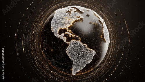 Dark, glittering globe with gold network lines and swirling data streams, primarily showcasing North and South America