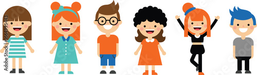 Happy cartoon kids characters, diverse child illustration set, flat design children group, smiling cute avatars for animation, vector art pack