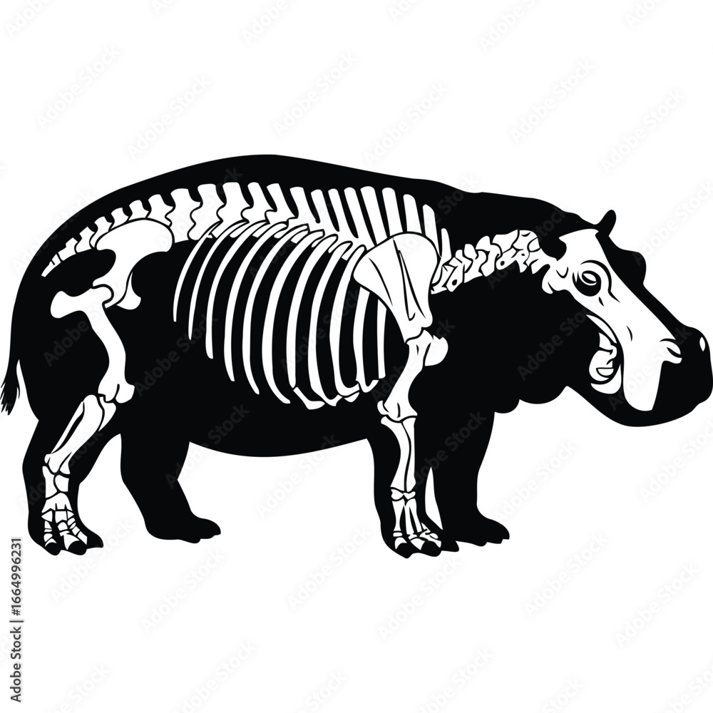 Fototapeta premium Hippopotamus Skeleton Anatomy Illustration hippo bones animal wildlife zoology biology science graphic vector black and white monochrome