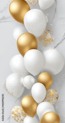 Wallpaper Mural Elegant vertical arrangement of white and gold balloons against a marble backdrop, interspersed with gold confetti Torontodigital.ca