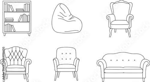 Minimalist furniture vector set – outline icons of chairs, sofa, bookshelf, bean bag for interior design and home decor