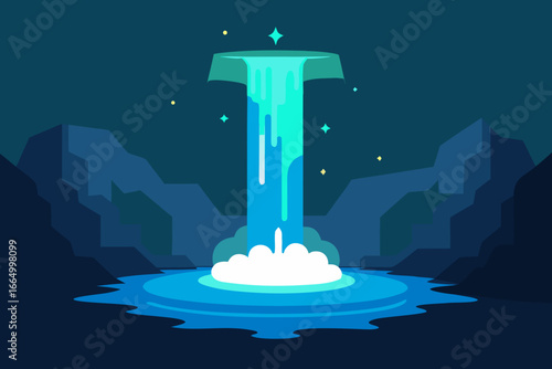 Mystical waterfall with glowing ethereal light vector illustration