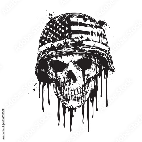 Vector illustration of skull with American flag and dripping ink effect, detailed black and white gothic tattoo style artwork, dark grungy moody design with intricate details, bold monochrome EPS grap