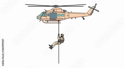 Army soldier abseiling from a hovering transport helicopter.