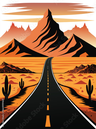 Desert highway leading to majestic orange mountains under a vibrant sunset sky with silhouetted cacti