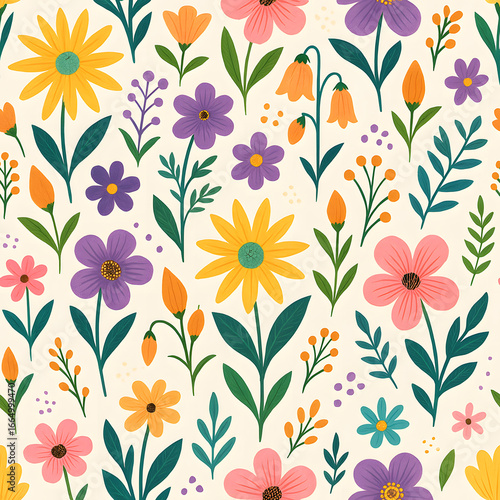 A vibrant and colorful floral pattern featuring various flowers and foliage