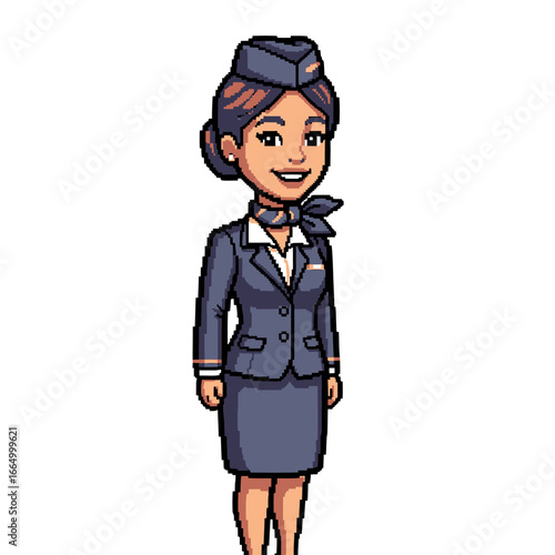 Pixelated illustration of a friendly female flight attendant in uniform, standing and smiling.