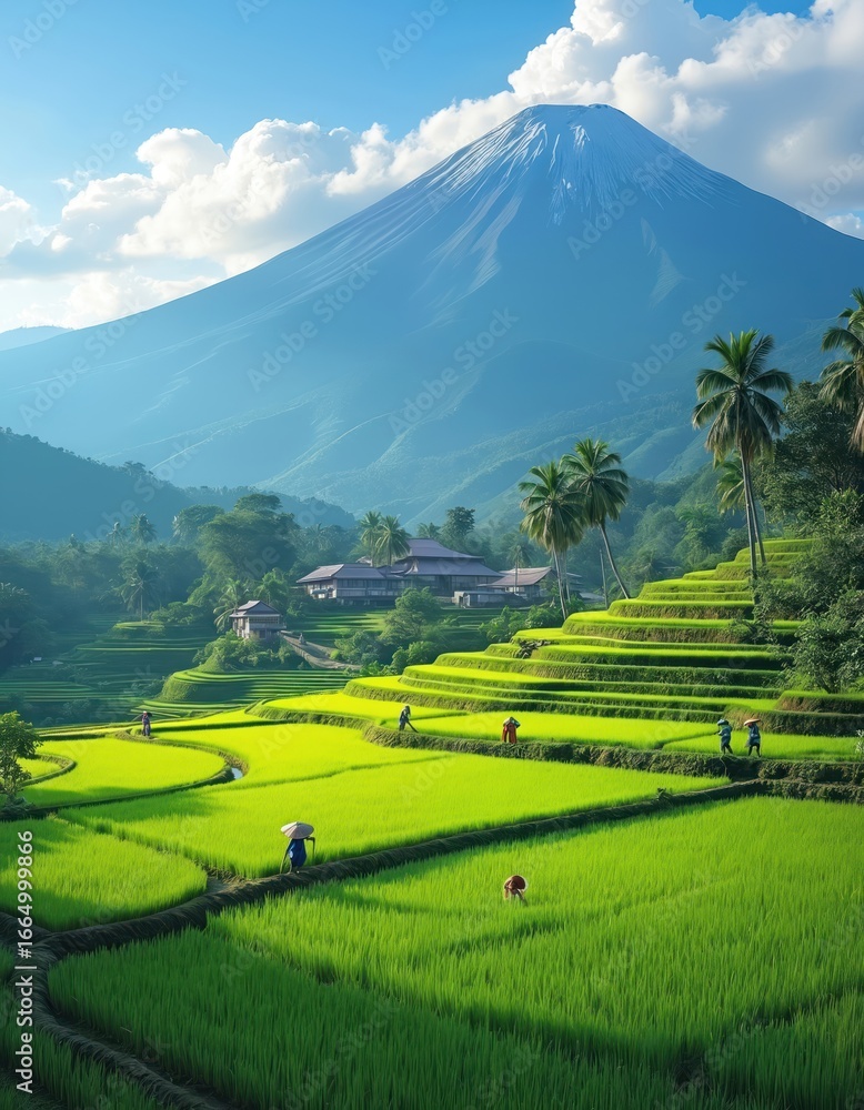 Obraz premium Scenic rice paddy farming in terraced fields set against majestic mountain backdrop. Village scene with working people. Asian rural landscape. Rice cultivation, harvesting, summer season in