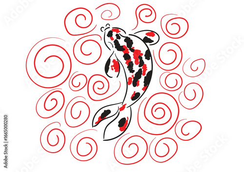 Colorful koi fish swimming in water with red spirals: japanese culture and harmony