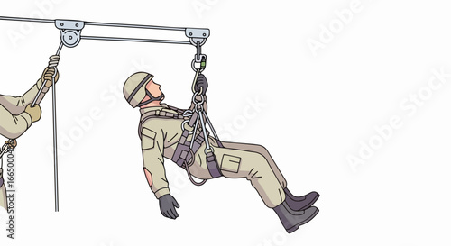Soldier rappelling down a rope during military training exercise.
