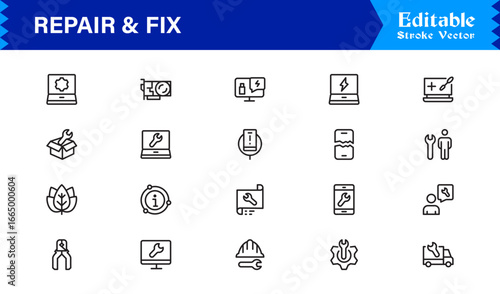 Repair Tools and Fix Icon Set | Outline, Flat, Minimal and Linear Vector Graphics for Construction, Workshop, Technical Service, Maintenance and Handyman Projects