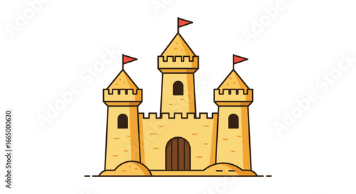 A cartoon illustration of a yellow sand castle with towers and flags