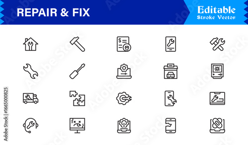 Repair and Maintenance Icons | Linear, Minimal, Outline and Flat Vector Design for Tools, Construction, Workshop, Home Fix, Technical Service and Handyman Solutions