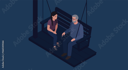 Grandfather and granddaughter sit on a dark swing in the evening, talking