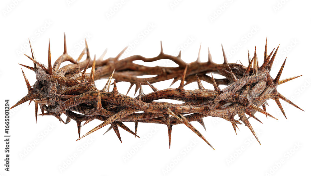 Obraz premium Crown of thorns, close-up. Dried thorny wreath, brown color, isolated on black