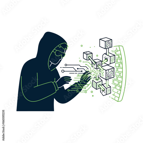 Hacker with Digital Network and Firewall Illustration