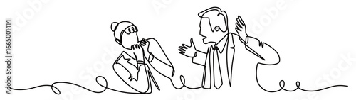 Continuous line art of a man as a boss being depressed and angry with a woman as his subordinate. vector illustration
