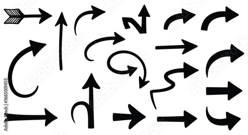 Collection of various black arrows on a white background
