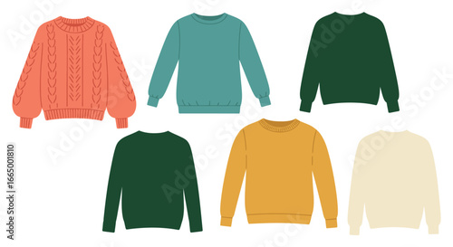 Collection of colorful sweaters in different shades and textures