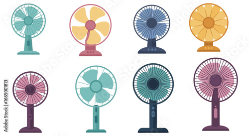 Collection of colorful electric fans in various designs and hues on white background