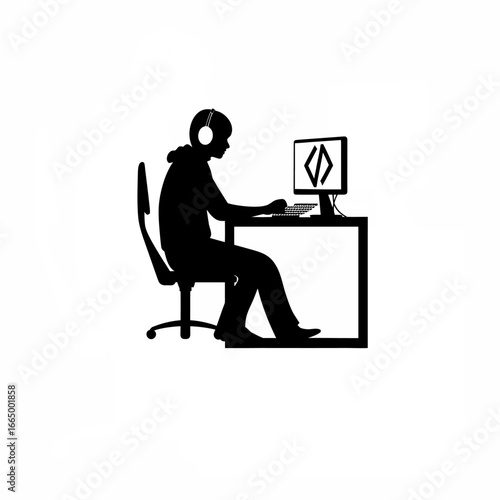 Programmer with headphones, nodding head while coding silhouette on white background