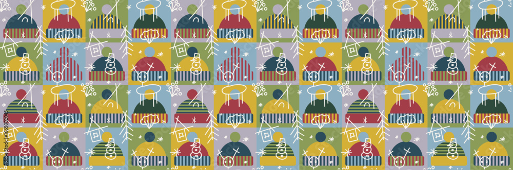 Obraz premium Christmas, scandinavian retro pattern with winter hats. Seamless New Year background in the form of a patchwork quilt with squares. Vector holiday design for wrapping paper, banners and flyers.