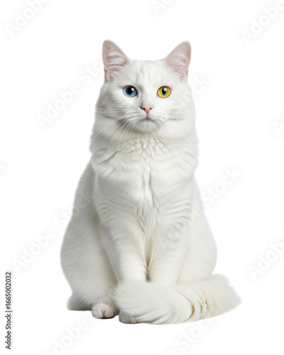 A beautiful, fluffy white cat with one blue eye and one yellow eye (oddeye cat) sits gracefully on a pure white background.