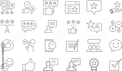 Solid review and feedback icon set in modern vector style, including rating, testimonial, satisfaction, comment, customer opinion, like, and recommendation symbols for digital use.