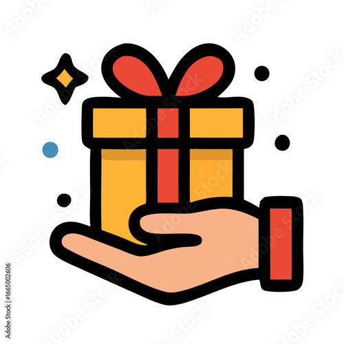 Vector illustration of a hand holding a gift box with ribbon. Perfect for themes of giving, celebration, Christmas, birthday, New Year, charity, and holiday season design