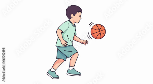 Young boy dribbling a basketball during a game or practice.