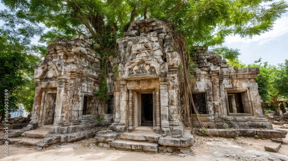 Naklejka premium Ruined temple complex under a large tree