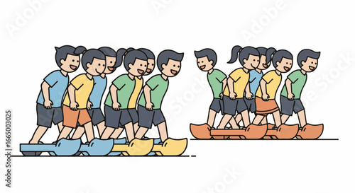 Children playing a traditional team walking game on wooden planks.