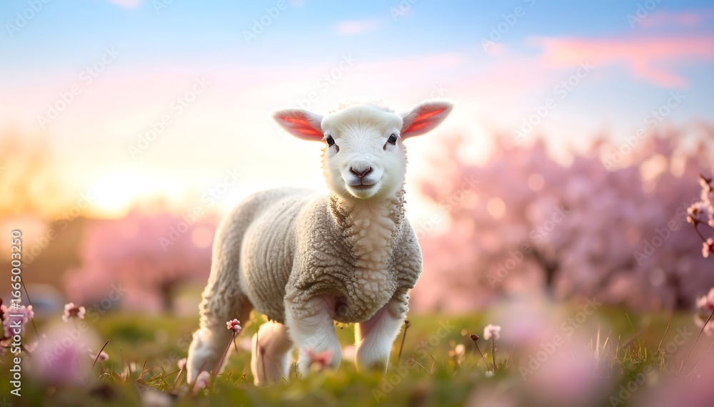 Fototapeta premium A charming lamb gazes with innocent eyes in a blossoming spring meadow, bathed in the warm glow of sunrise.