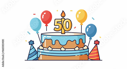 Happy 50th Birthday Celebration with Cake and Balloons.