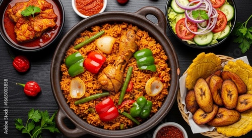 A vibrant and appetizing overhead shot of a delicious African Jollof rice dish with chicken and vegetables.