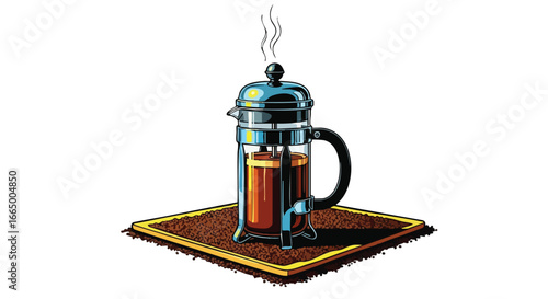 French Press Coffee Illustration Aromatic Coffee in a Glass Pot on a Mat