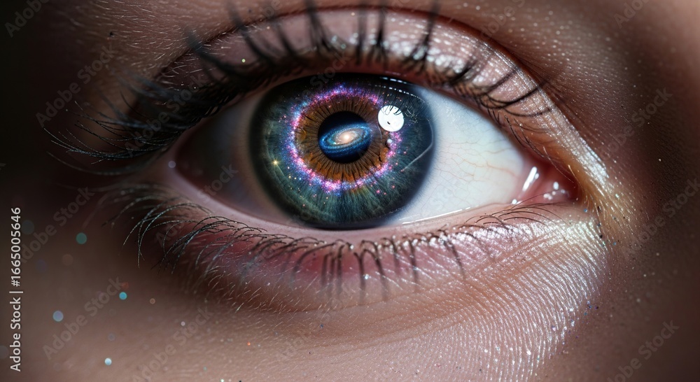 Fototapeta premium Close-up of an Asian woman’s eye with galaxy reflections in the iris, cosmic surrealism, glowing details