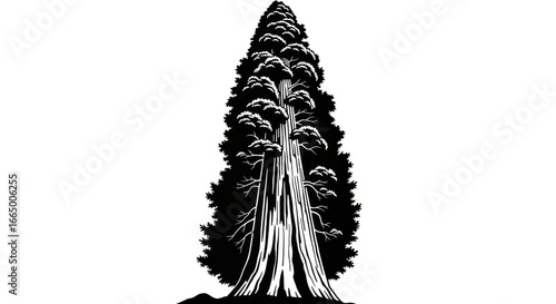 Tall Black and White Tree Illustration with Detailed Branches and Trunk for Nature and Forest Design