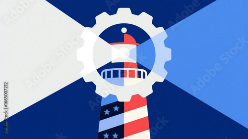 Striking graphic featuring a lighthouse embraced by a gear, symbolizing navigation and industry, set against a bold backdrop of blue and white for a modern, patriotic feel