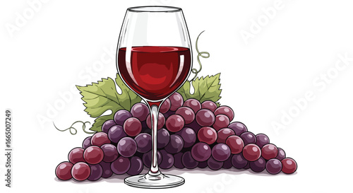 Red Wine Glass and Grapes Illustration Hand Drawn Vintage Style