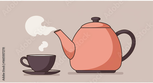 Steaming teapot pouring hot beverage into a teacup, ideal for breakfast or afternoon tea time