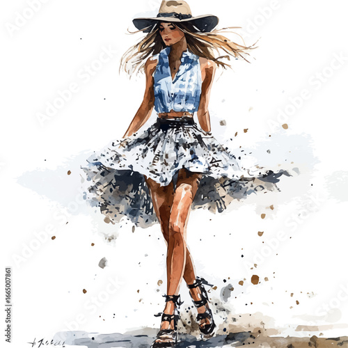 Summer Dress Blowing Breeze, watercolor vector, isolated on a white background.