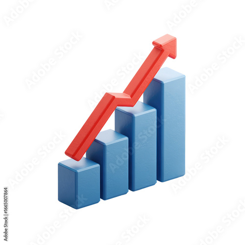 Free Download 3D graphic of a rising bar chart.  A red upward-pointing arrow ascends over a series of light-blue bar graphs, conveying growth and success - GFXLoad