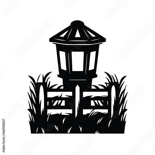 Stylized Silhouette Illustration of a Japanese Lantern Behind a Wooden Fence