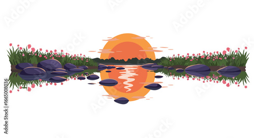 Serene Sunset Reflection Calm Lake Pink Flowers and Tranquil Nature Scene