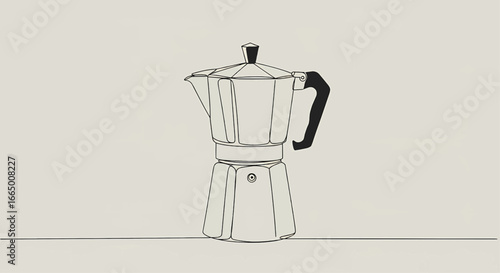 Aluminum stovetop espresso maker outlined on cream background featuring a classic Moka pot