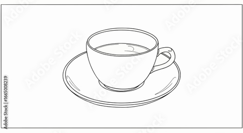 Minimalist line art illustration capturing a classic ceramic teacup and saucer filled with a comforting beverage, perfect for hot drinks concepts and elegant design elements