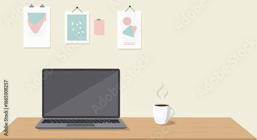 Modern home office setup with a laptop, steaming coffee mug, and minimalist wall art