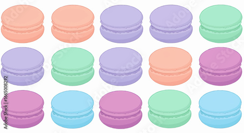 A delightful and vibrant collection of pastel-colored French macarons arranged in neat rows for a sweet treat