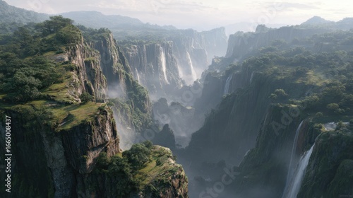 Canyon with Multiple Waterfalls, Lush Greenery, Mist, for a Nature Documentary